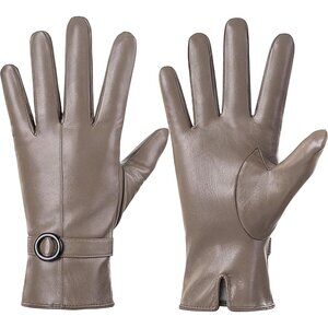 Women's Beige Winter Leather Gloves Touchscreen Texting Warm Driving Gloves